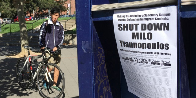 A group has put up flyers and a booth on Sproul Plaza calling for protesters to "Shut Down Milo Yiannopoulos," at the University of California, Berkeley campus in Berkeley, Calif.
