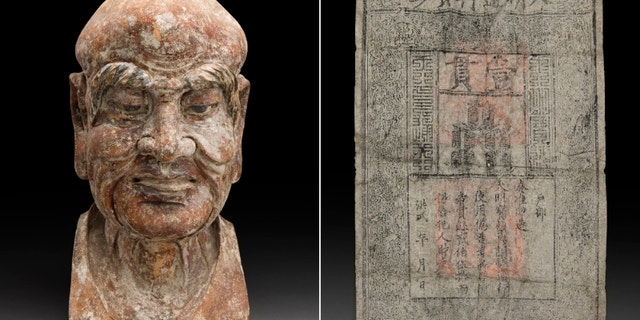 The rare Ming Dynasty paper banknote was hidden in the wooden sculpture of a Chinese religious figure more than 600 years ago.