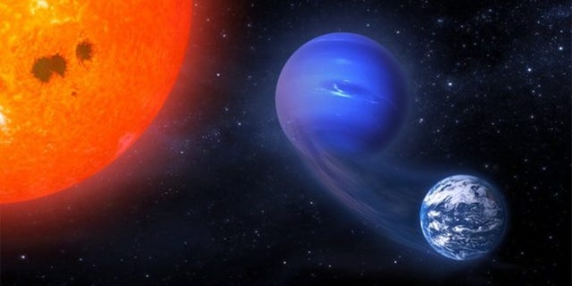 This artist's illustration depicts the transformation of a "mini-Neptune" exoplanet, orbiting a red dwarf star, into a potentially habitable rocky world.