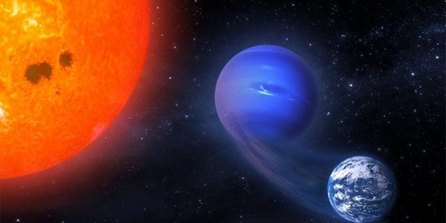 This artist's illustration depicts the transformation of a "mini-Neptune" exoplanet, orbiting a red dwarf star, into a potentially habitable rocky world.