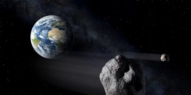 The Earth surrounded by a crowd of asteroids.