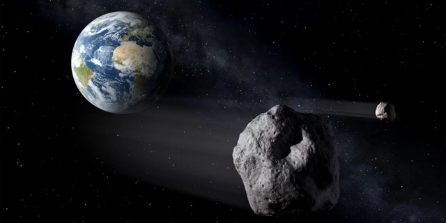 The Earth surrounded by a crowd of asteroids.