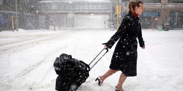A Delta Airlines flight attendant negotiates the snowy streets of Minneapolis, Minn. Saturday afternoon.