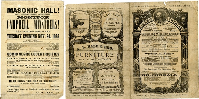 These handbills are from minstrel shows from the 1800s that were once owned by Peter Marks, a harpist who performed with the travelling troupe.
