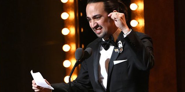 Lin-Manuel Miranda accepts the award for best original score for "Hamilton" at the Tony Awards at the Beacon Theatre on Sunday, June 12, 2016, in New York. (Photo by Evan Agostini/Invision/AP)
