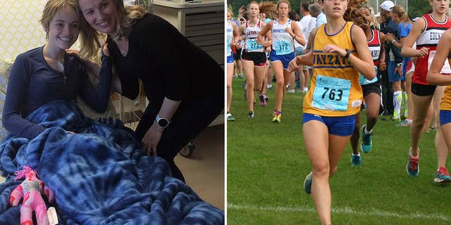 Left: U.S. Olympian Carrie Tollefson recently visited Miranda Mead in the hospital while she was receiving chemotherapy to treat Ewing's sarcoma. Right: Mead races for Wayzata High School. PHOTOGRAPH BY JULIE MEAD