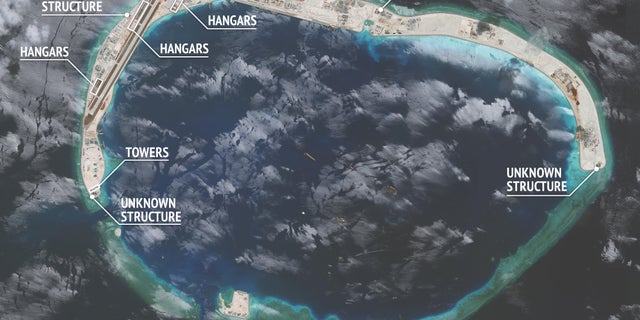 A satellite image showing development at Mischief Reef.