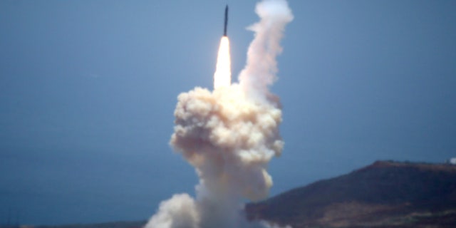 A U.S. ballistic missile interceptor launches during a flight test from Vandenberg Air Force Base in May.
