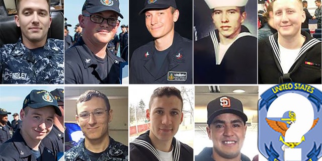 These are the US sailors who went missing after the USS McCain collided with an oil tanker in the Pacific. Top Row L-R: Nathan Findley, Henry Hoagland, Kevin Bushell, Abraham Lopez and Logan Palmer. Bottom Row L-R: Jacob Drake, Kenneth Smith, Dustin Doyon, and Timothy Eckles Jr. The Navy has not released a photo of Corey Ingram.