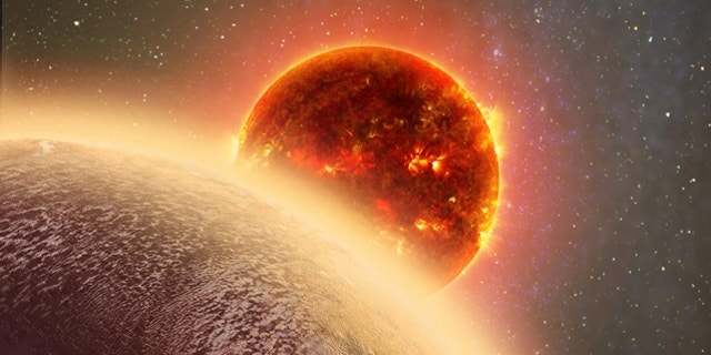 In this artist's rendering of GJ 1132b, a rocky exoplanet very similar to Earth in size and mass, circles a red dwarf star. GJ 1132b is relatively cool (about 450 degrees F) and could potentially host an atmosphere. At a distance of only 39 light-years, it will be a prime target for additional study with Hubble and future observatories like the Giant Magellan Telescope. (Dana Berry)