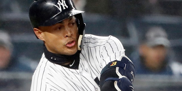 April 3, 2018: New York Yankees' Giancarlo Stanton strikes out for the fifth time in a baseball game against the Tampa Bay Rays in New York.
