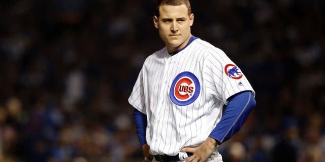 Oct 16, 2016; Chicago, IL, USA; Chicago Cubs first baseman Anthony Rizzo (44) reacts after hitting a pop fly during the first inning against the Los Angeles Dodgers in game two of the 2016 NLCS playoff baseball series at Wrigley Field. Mandatory Credit: Jon Durr-USA TODAY Sports