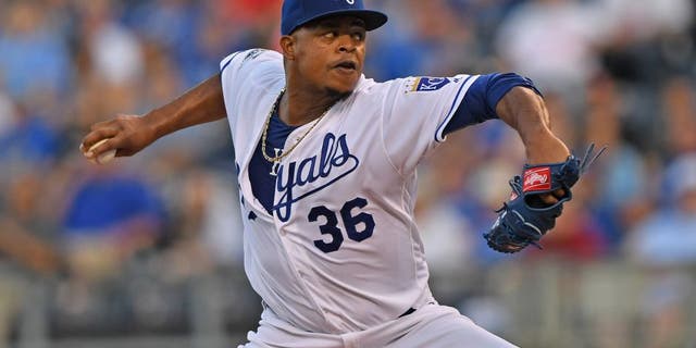 Sep 15, 2016; Kansas City, MO, USA; Kansas City Royals pitcher Edinson Volquez (36) delivers a pitch against the Oakland Athletics during the second inning at Kauffman Stadium. Mandatory Credit: Peter G. Aiken-USA TODAY Sports