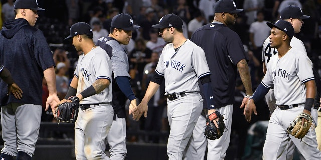 The Yankees celebrate a victory after an umpire pulled a bug from his ear.
