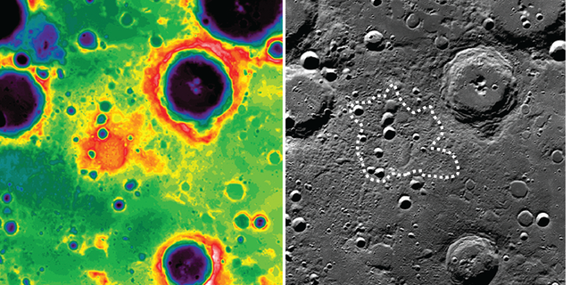 The image on the right is the South Pole-Aitken basin taken by the Lunar Reconnaissance Orbiter’s Wide Angle Camera. (Credit: NASA/Goddard/Arizona State University). The image on the left is from the Lunar Orbiter Laser Altimeter. Mafic Mound is the reddish splotch in the middle. (NASA/Goddard/MIT/Brown University)