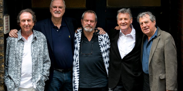 June 20, 2014. From left, Eric Idle, John Cleese, Terry Gilliam, Michael Palin and Terry Jones of the comedy group Monty Python pose for photographers during a photo call in London.