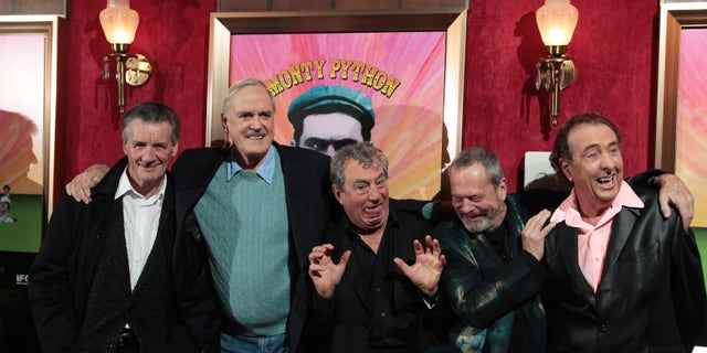 (Left to right) The original cast of the Monty Python troupe Michael Palin, John Cleese, Terry Jones, Terry Gilliam and Eric Idle smile as they arrive at the premiere of the documentary "Monty Python: Almost The Truth (Lawyer's Cut)" celebrating the troupe's 40th anniversary, in New York October 15, 2009.