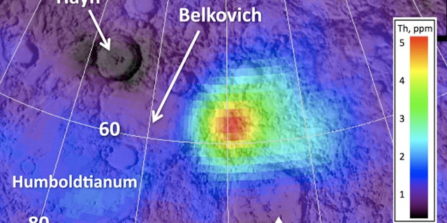 This image from NASA's Lunar Reconnaissance Orbiter shows a region on the far side of the moon between the Compton and Belkovich craters. The colored region marks a high amount of the mineral thorium, which is thought to have been deposited by rare silicate volcanoes in the past.