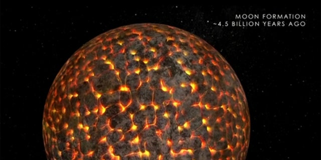 This illustration shows the still-molten moon just after its formation, about 4.5 billion years ago.