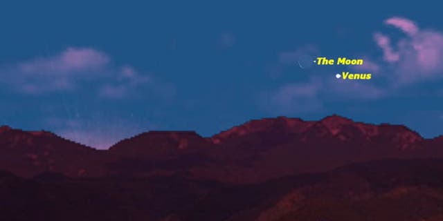 At sunrise on Thursday January 10, this will be the naked-eye view of the moon and Venus, low in the southeastern sky.