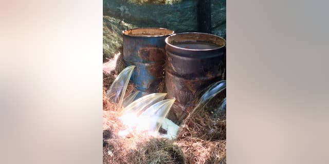 About 250 gallons worth of moonshine was discovered in the woods on Monday and was destroyed by police.