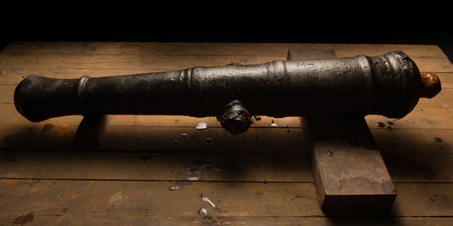 A 17th century cannon, found near the Lajas reef near Fort San Lorenzo, Colon. The cannons are in conservation at the Patronato Panama Viejo laboratory in Panama City, Panama. The cannon most likely belonged to Captain Henry Morgan's lost fleet of 1671.