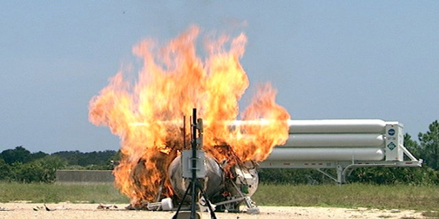 NASA's Morpheus lander prototype in flames during a failed free flight test at the Kennedy Space Center in Cape Canaveral, Fla., on Aug. 9, 2012.