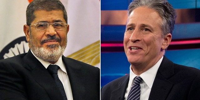 Shown here are Egyptian President Mohammed Morsi, left, and comedian Jon Stewart.