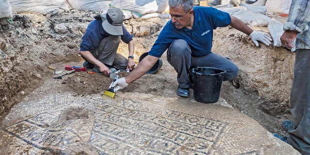 The excavation of the mosaic near the Damascus gate in the Old City of Jerusalem. (Photo credit: Assaf Peretz, Israel Antiquities Authority)