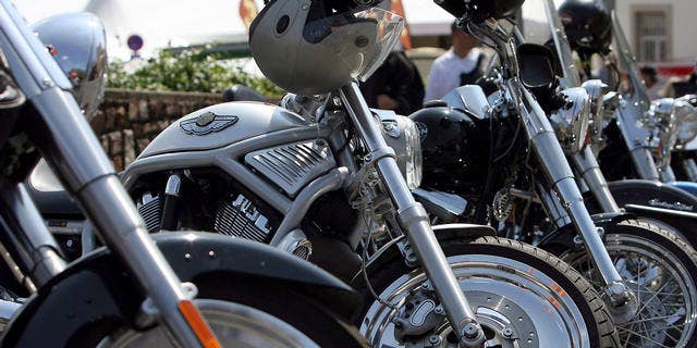 Harley-Davidson motorcycles stand in a row on the sideline of a street in Ruedesheim, Germany