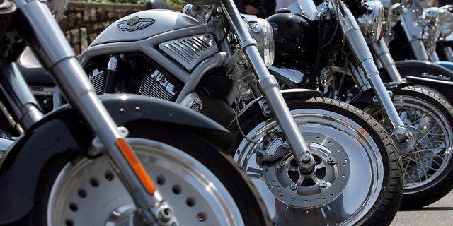 Harley-Davidson motorcycles stand in a row on the sideline of a street in Ruedesheim, Germany