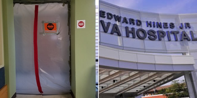 At left, an image of one of the mold-affected rooms at Edward Hines, Jr. VA Hospital.
