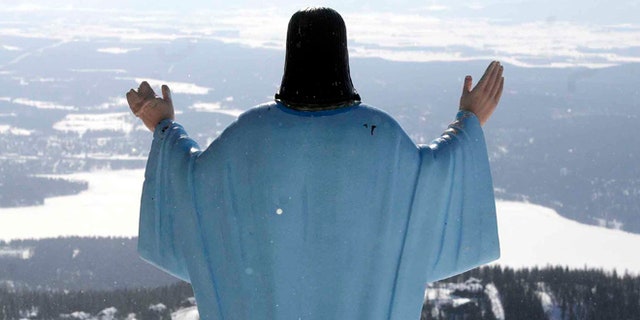 Jesus Christ statue overlooks Whitefish Lake and the Flathead Valley in Whitefish, Montana, Feb. 20, 2011.