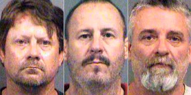This combination of Oct. 14, 2016, file booking photos provided by the Sedgwick County Sheriff's Office in Wichita, Kan., shows from left, Patrick Stein, Curtis Allen and Gavin Wright, three members of a Kansas militia group who were charged with plotting to bomb an apartment building filled with Somali immigrants in Garden City, Kan.