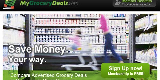 A screenshot of the website for MyGroceryDeals.com, where you can find deals and bargains at local area supermarkets.