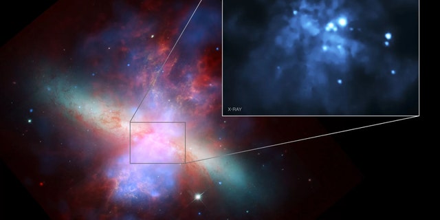 An image of the galaxy Messier 82 compiling data from NASA's Chandra X-Ray Observatory, Hubble Space Telescope and Spitzer Space Telescope. The intermediate-mass black hole M82 X-1 is the brightest object in the inset, at about 2 o'clock near the galaxy's center. Credit: NASA/H. Feng et al.