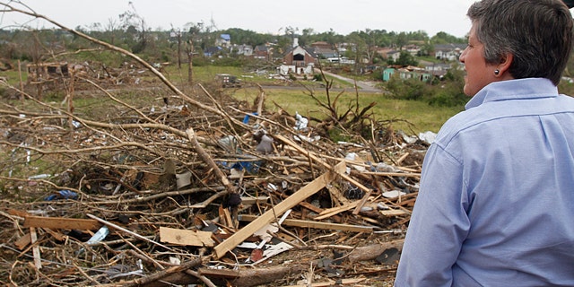 May 1: Homeland Security Secretary Janet Napolitano looks over the destruction where a tornado ripped Pratt City