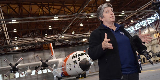 Aug. 6, 2012: Homeland Security Secretary Janet Napolitano talks with a video crew for a TV show in Hangar One at Air Station Kodiak, Alaska.