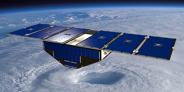 Artist's concept of one of the eight Cyclone Global Navigation Satellite System satellites deployed in space above a hurricane. (Credit: NASA)