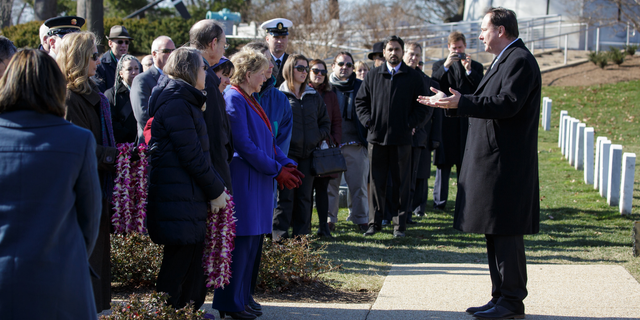Acting NASA Administrator Robert Lightfoot speaks at a wreath-laying ceremony during NASA's Day of Remembrance on Jan. 31, 2017, at Arlington National Cemetery. The wreaths were laid in memory of those men and women who lost their lives in the quest for space exploration.