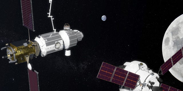 Artist’s illustration of NASA’s planned Lunar Orbital Platform-Gateway outpost (left), being approached by an Orion spacecraft.