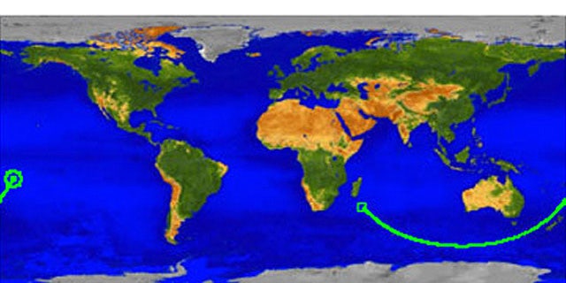 This map shows the ground track for UARS beginning in the Indian Ocean off the coast of Africa at 0330 GMT and ending at atmospheric interface over the Pacific Ocean at 0401 GMT. In this map, the satellite's path is shown beginning in the Indian Ocean off the coast of Africa at 0330 GMT and ending at atmospheric interface over the Pacific Ocean at 0401 GMT.