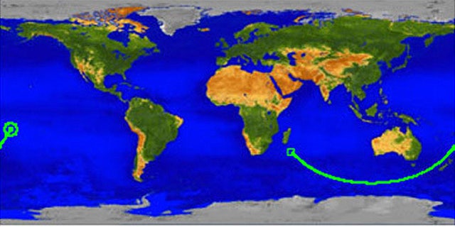 This map shows the ground track for UARS beginning in the Indian Ocean off the coast of Africa at 0330 GMT and ending at atmospheric interface over the Pacific Ocean at 0401 GMT. In this map, the satellite's path is shown beginning in the Indian Ocean off the coast of Africa at 0330 GMT and ending at atmospheric interface over the Pacific Ocean at 0401 GMT.