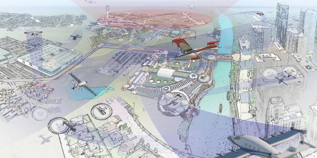 An artist's concept of how on-demand aircraft could be integrated into daily life in different communities. (Credit: NASA/Advanced Concepts Laboratory)