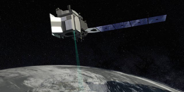 In this artist's concept of ICESat-2, the satellite's laser beams are visible as it orbits.
