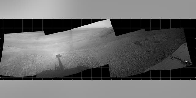 About 11 months before the current dust storm enveloped the rover, Opportunity took five images that were turned into a mosaic showing a view from inside the upper end of "Perseverance Valley" on the inner slope of Endeavour Crater's western rim. The images were taken on July 7, 2017. (Credit: NASA/JPL-Caltech)