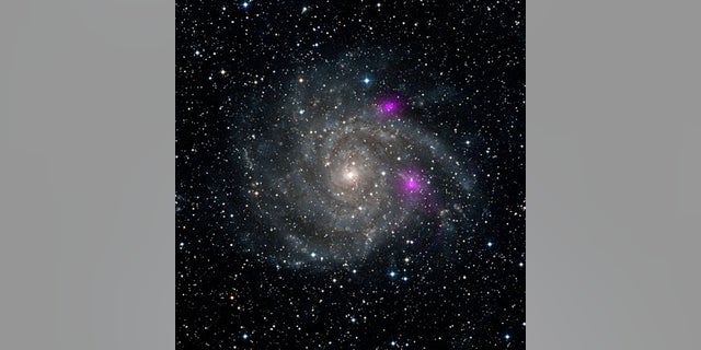 This new view of spiral galaxy IC 342, also known as Caldwell 5, includes data from NASA's Nuclear Spectroscopic Telescope Array, or NuSTAR. High-energy X-ray data from NuSTAR have been translated to the color magenta, and superimposed on a vis