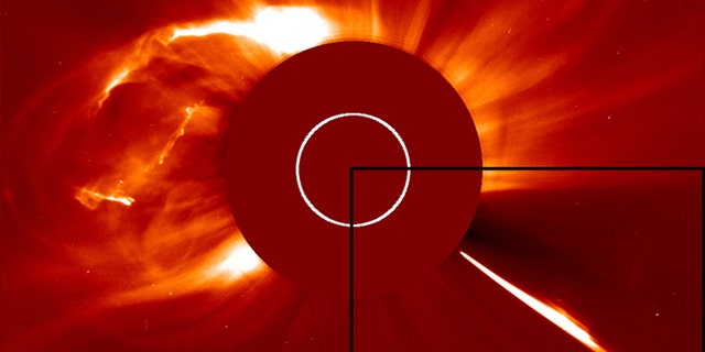 The Solar and Heliospheric Observatory captured this shot of a huge coronal mass ejection on Oct. 1, 2011, shortly after a comet dove into the sun (inset, right).