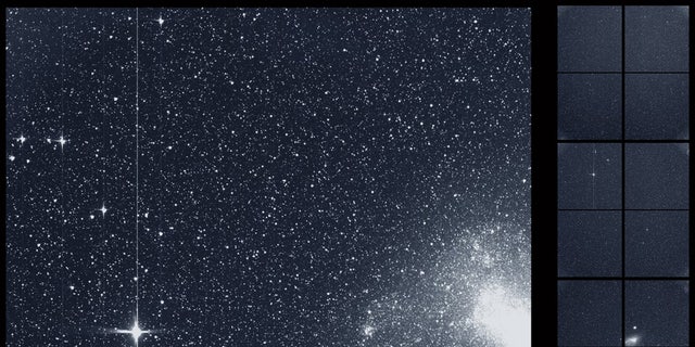 The Transiting Exoplanet Survey Satellite (TESS) took this snapshot of the Large Magellanic Cloud (right) and the bright star R Doradus (left) with just a single detector of one of its cameras on Tuesday, Aug. 7. The frame is part of a swath of the southern sky TESS captured in its “first light” science image as part of its initial round of data collection.