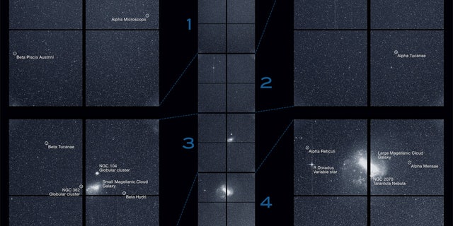 The Transiting Exoplanet Survey Satellite (TESS) captured this strip of stars and galaxies in the southern sky during one 30-minute period on Tuesday, Aug. 7. Created by combining the view from all four of its cameras, this is TESS’s “first light,” from the first observing sector that will be used for identifying planets around other stars. Notable features in this swath of the southern sky include the Large and Small Magellanic Clouds and a globular cluster called NGC 104, also known as 47 Tucanae. The brightest stars in the image, Beta Gruis and R Doradus, saturated an entire column of camera detector pixels on the satellite’s second and fourth cameras.